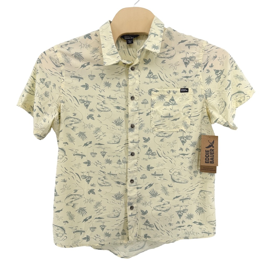 NEW Eddie Bauer Walker's Shirt Mens Large Short Sleeve Yellow Icing Fishy Print